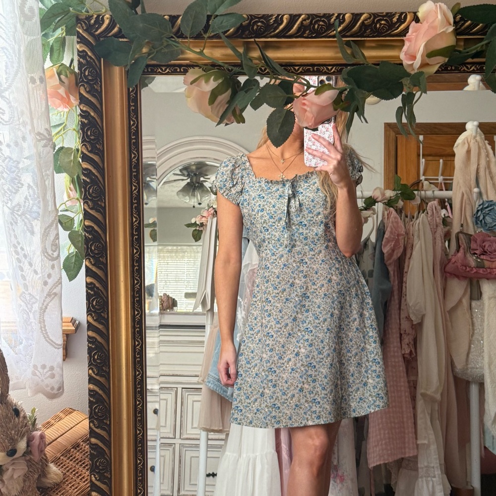 Cottagecore Blue & Green Floral Mini Dress